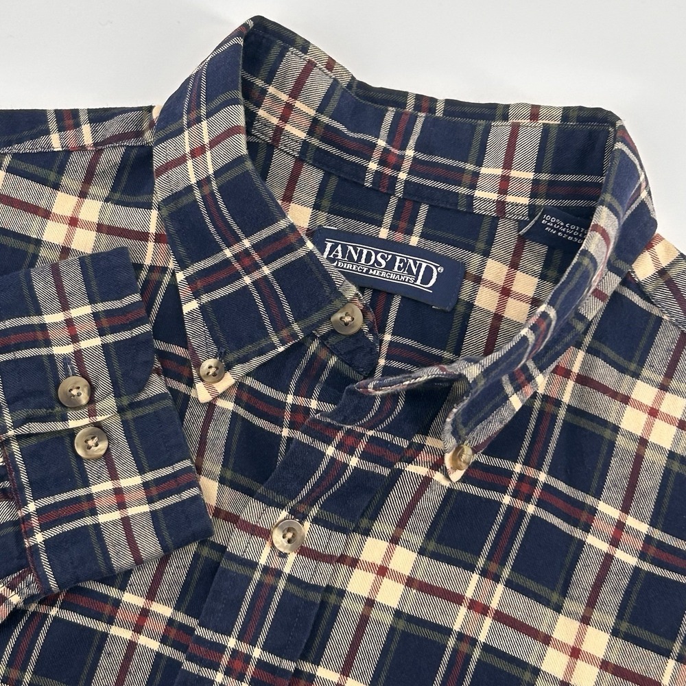 Lands End Mens‎ M (15.5) Blue Plaid Flannel Long Sleeve Button Down Shirt